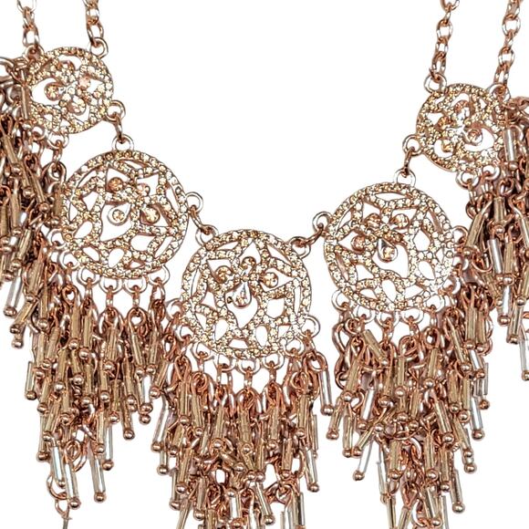 Rose Gold Tone Statement Necklace Filigree Beaded Fringe 16" +3" Extender - Picture 2 of 15